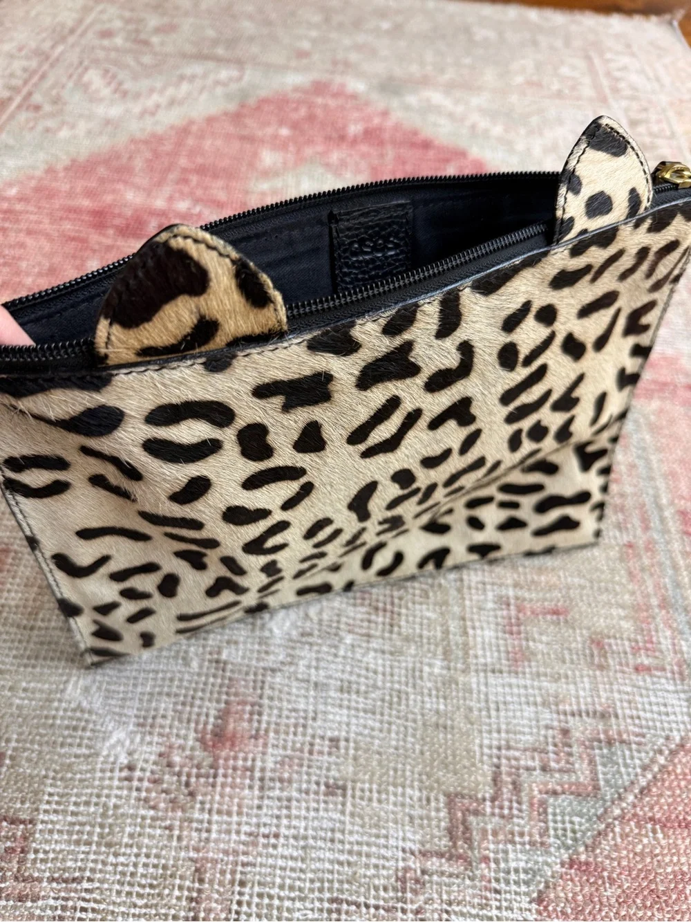 ASOS Leopard-Print Ear Accent Zip Pouch - Black & Cream